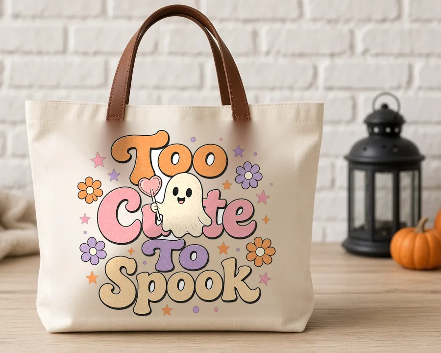 Too Cute to Spook PNG design on a canvas tote bag