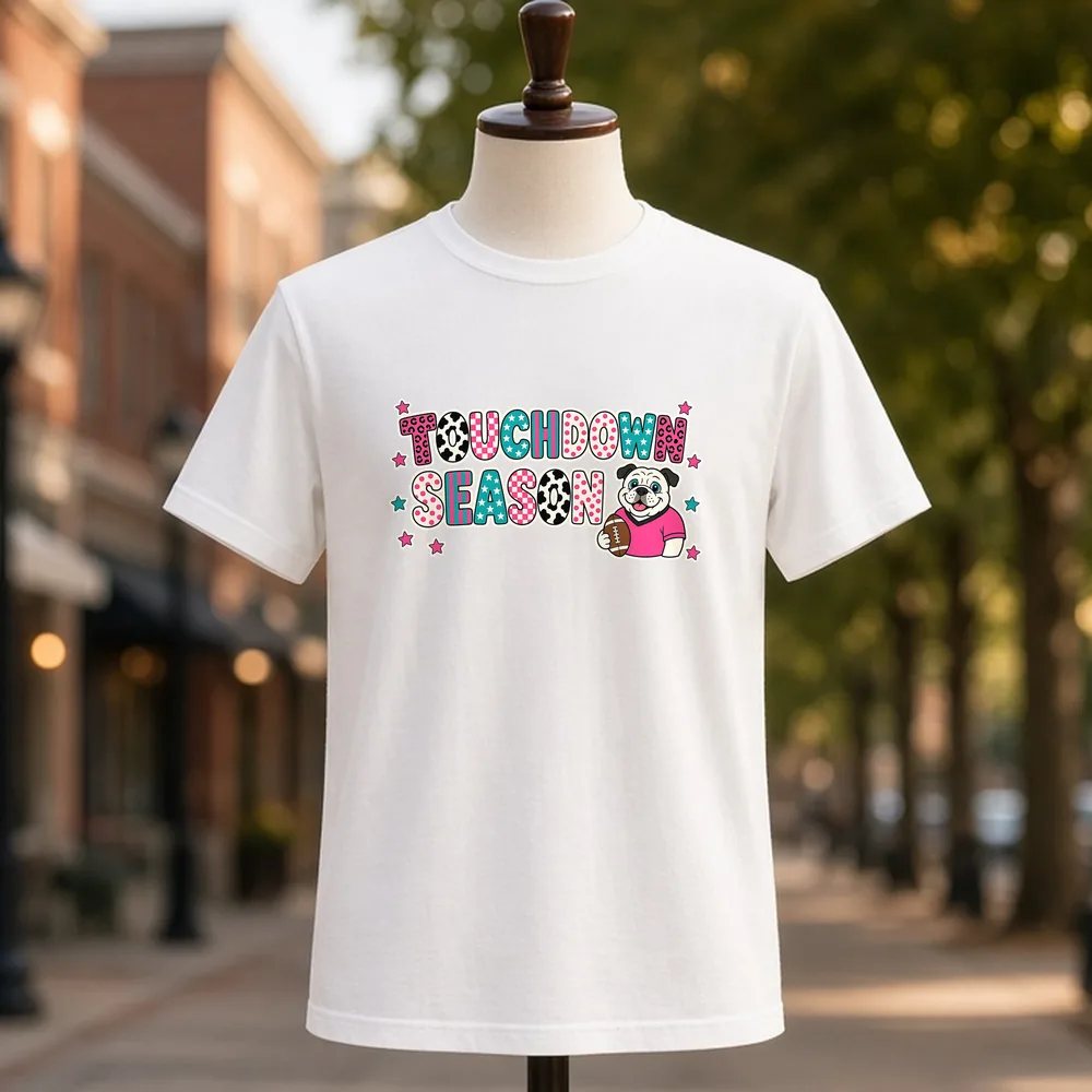 Touchdown Season Patchwork PNG on a white t-shirt