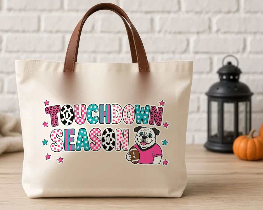Touchdown Season Patchwork PNG design on a canvas tote bag