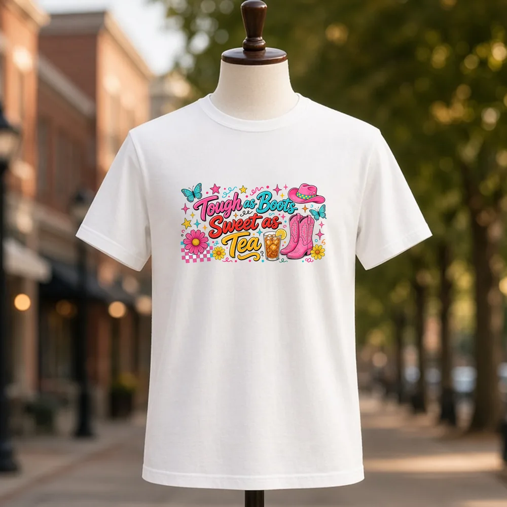 Tough as Boots Sweet as Tea PNG on a white t-shirt