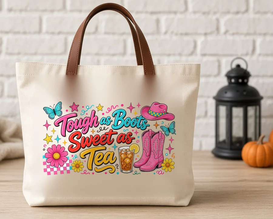 Tough as Boots Sweet as Tea PNG design on a canvas tote bag
