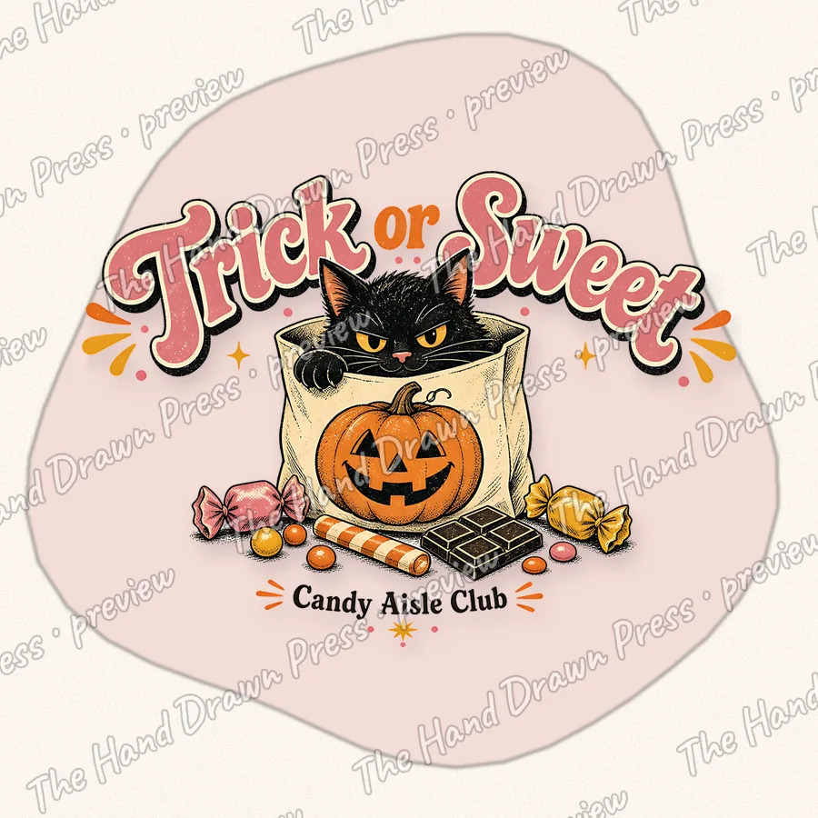 Trick or Sweet Black Cat hand drawn PNG design