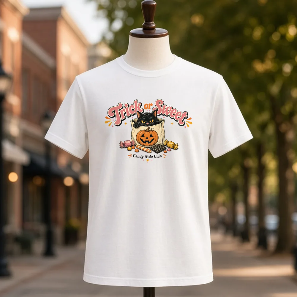 Trick or Sweet Black Cat PNG on a white t-shirt