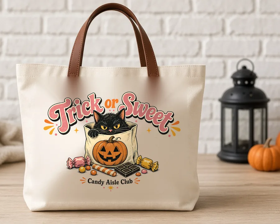 Trick or Sweet Black Cat PNG design on a canvas tote bag