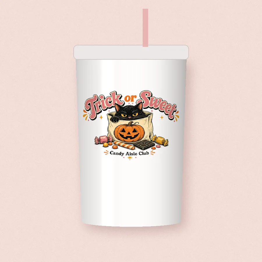 Trick or Sweet Black Cat sublimation design on a skinny tumbler