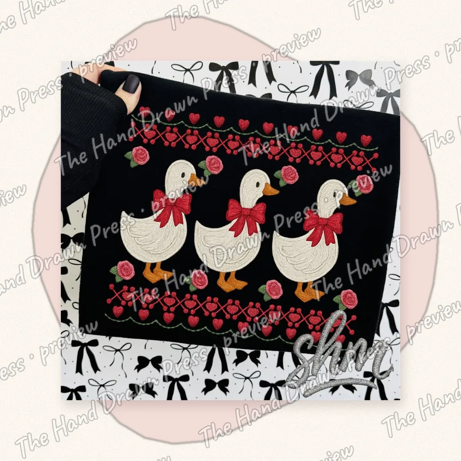 Valentine Geese Rose Garden hand drawn PNG design