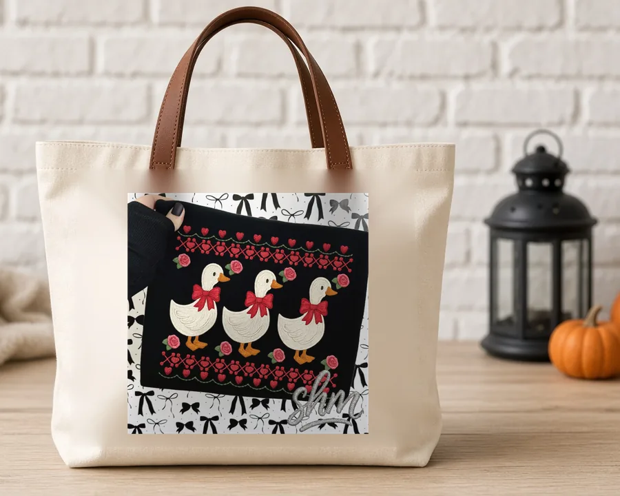 Valentine Geese Rose Garden PNG design on a canvas tote bag