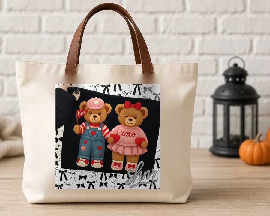 Valentine Teddy Bear Couple PNG design on a canvas tote bag