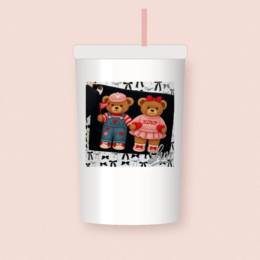 Valentine Teddy Bear Couple sublimation design on a skinny tumbler