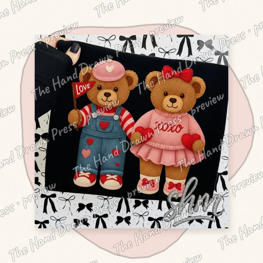 Valentine Teddy Bears XOXO hand drawn PNG design