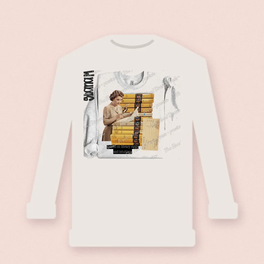 Vintage Book Lady design on a crewneck sweatshirt