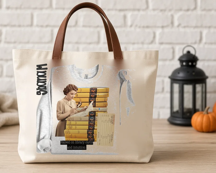 Vintage Book Lady design on a cotton tote bag