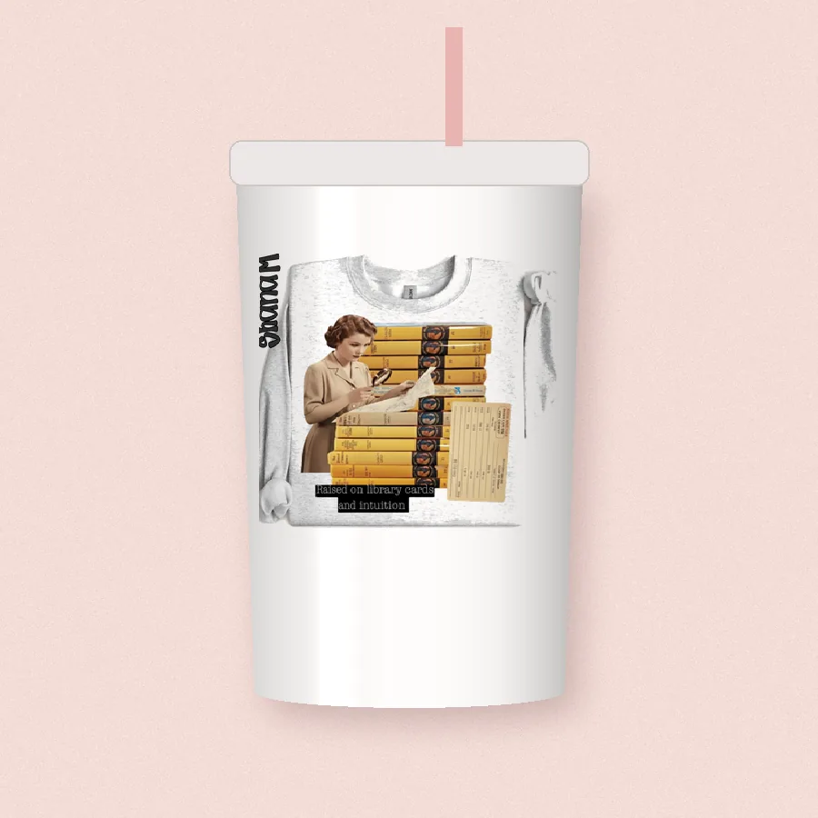 Vintage Book Lady design on a 20 oz tumbler
