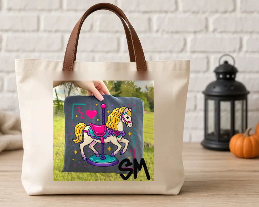 Vintage Carousel Horse PNG design on a canvas tote bag