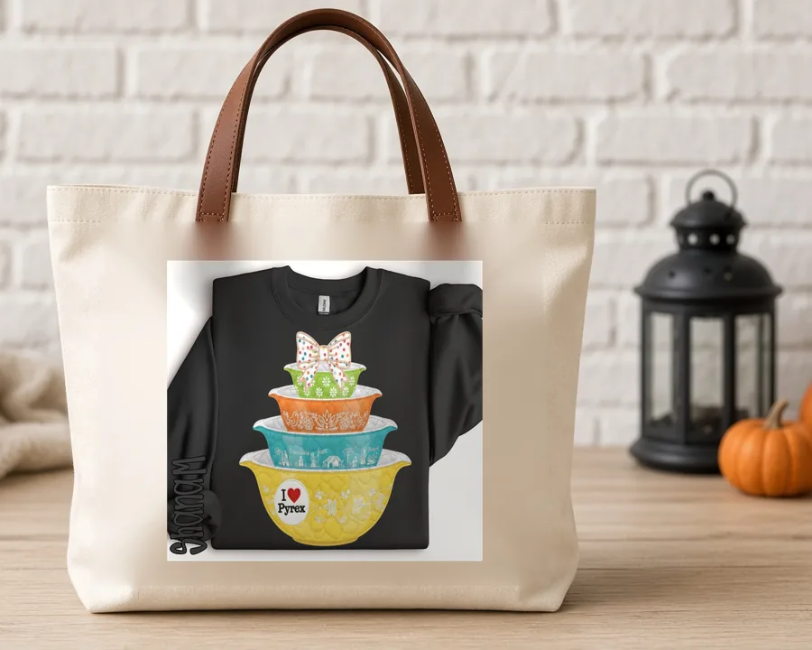 Vintage Mixing Bowls PNG design on a canvas tote bag