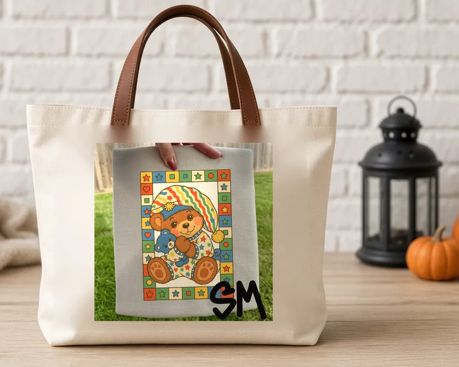 Vintage Quilt Teddy Bear PNG design on a canvas tote bag