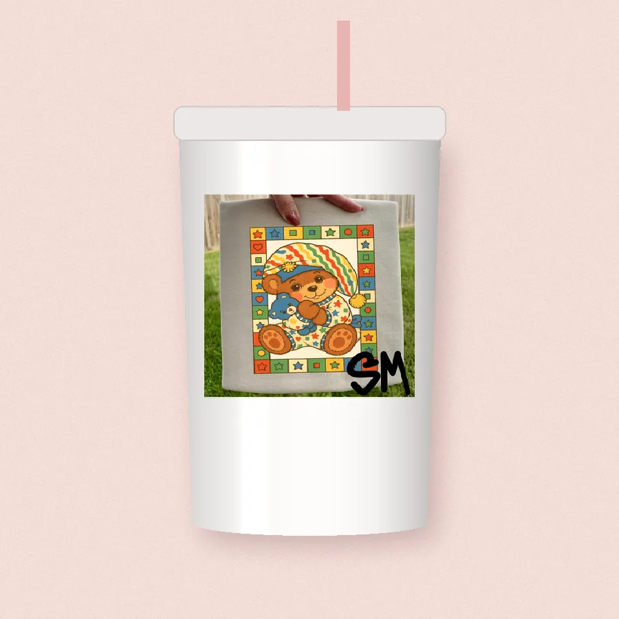 Vintage Quilt Teddy Bear sublimation design on a skinny tumbler