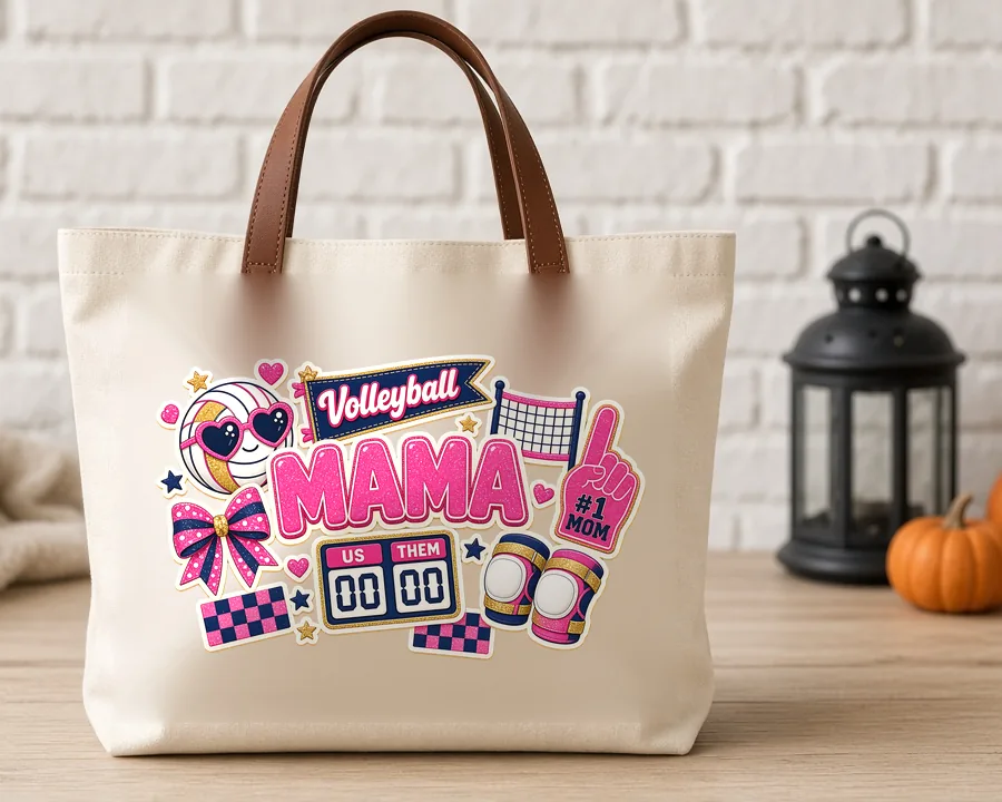 Volleyball Mama Collage PNG design on a canvas tote bag
