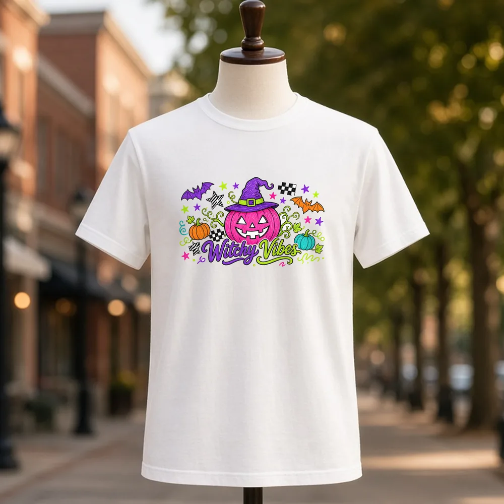 Witchy Vibes Pumpkin PNG on a white t-shirt