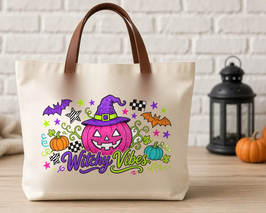 Witchy Vibes Pumpkin PNG design on a canvas tote bag
