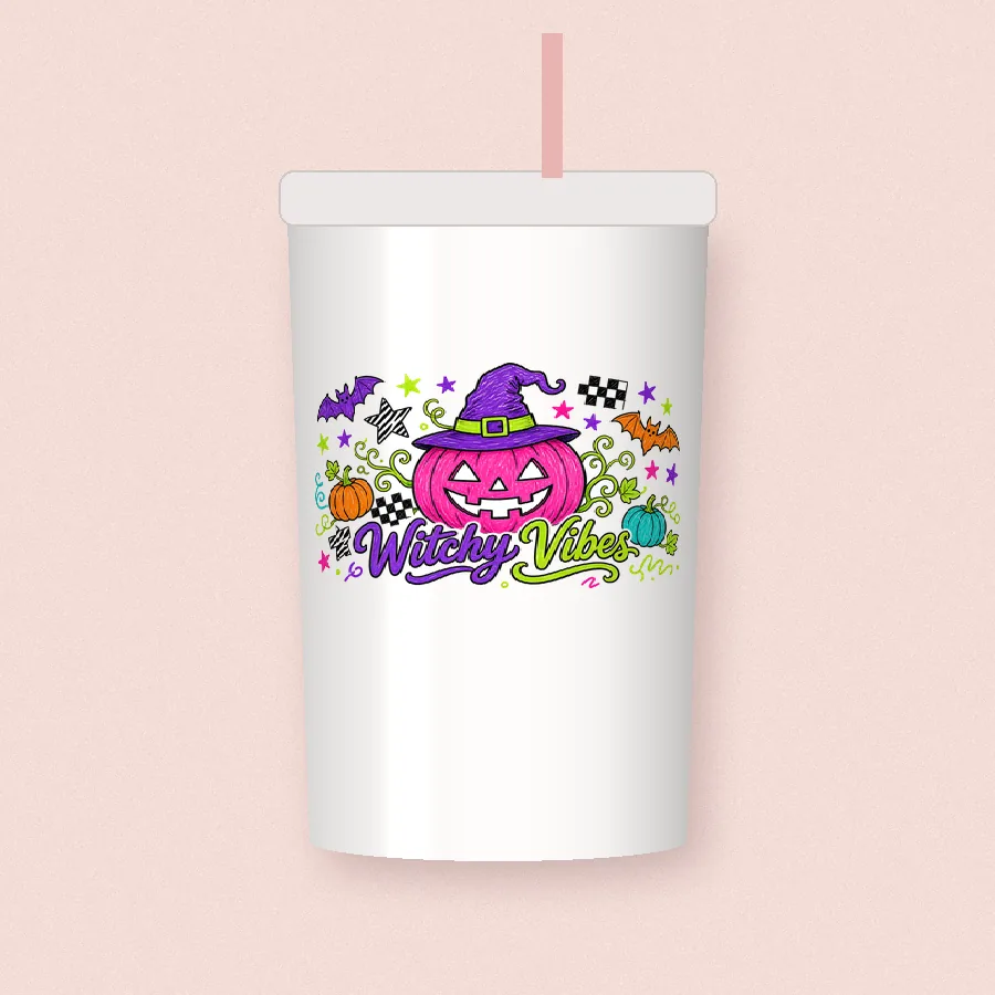 Witchy Vibes Pumpkin PNG design on a tumbler