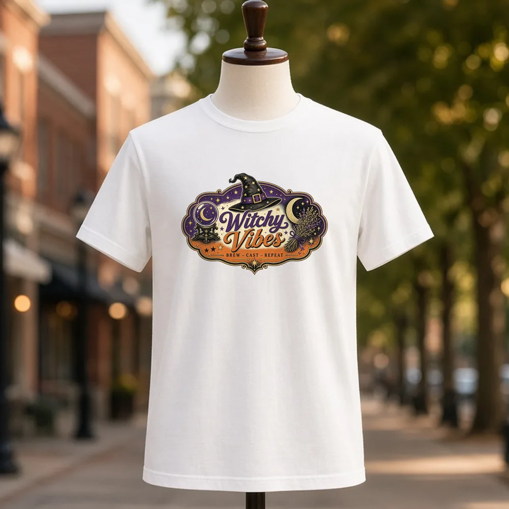 Witchy Vibes Retro PNG on a white t-shirt