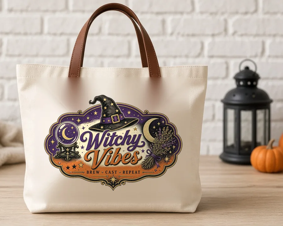 Witchy Vibes Retro PNG design on a canvas tote bag