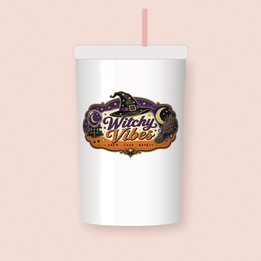 Witchy Vibes Retro sublimation design on a skinny tumbler