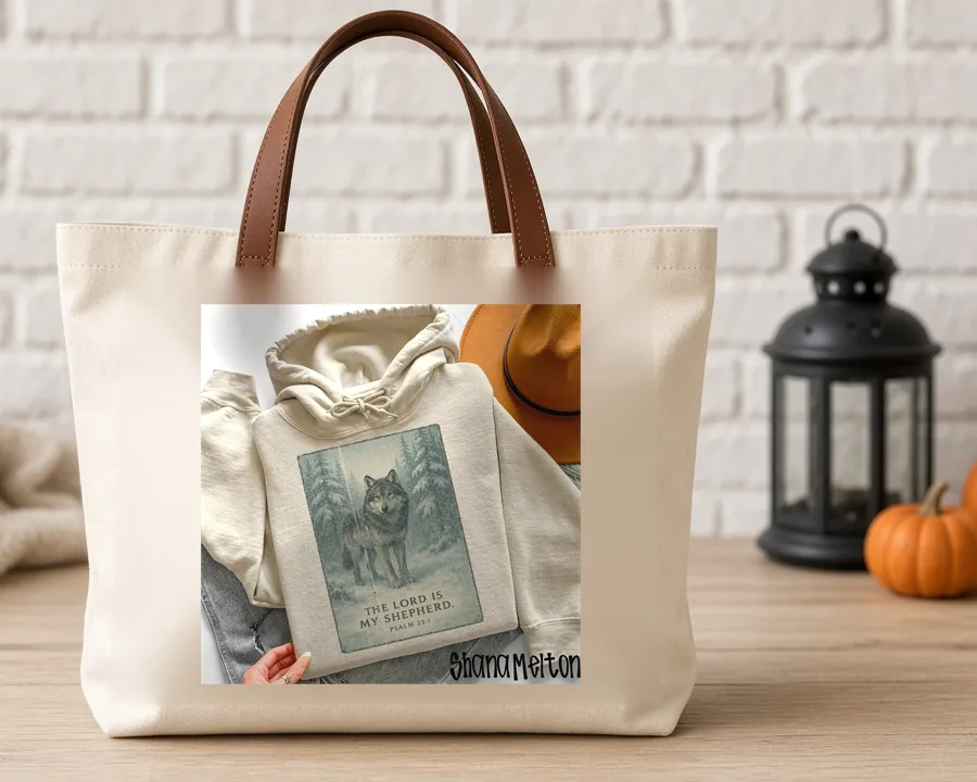 Wolf Scripture Print PNG design on a canvas tote bag