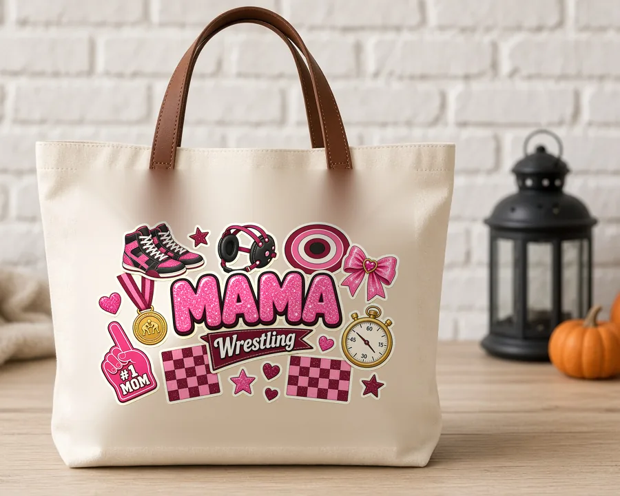Wrestling Mama Collage PNG design on a canvas tote bag