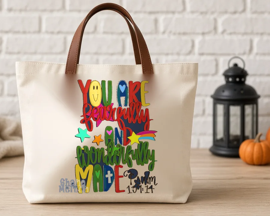 Youre Perfectly Wonderfully Made design on a cotton tote bag